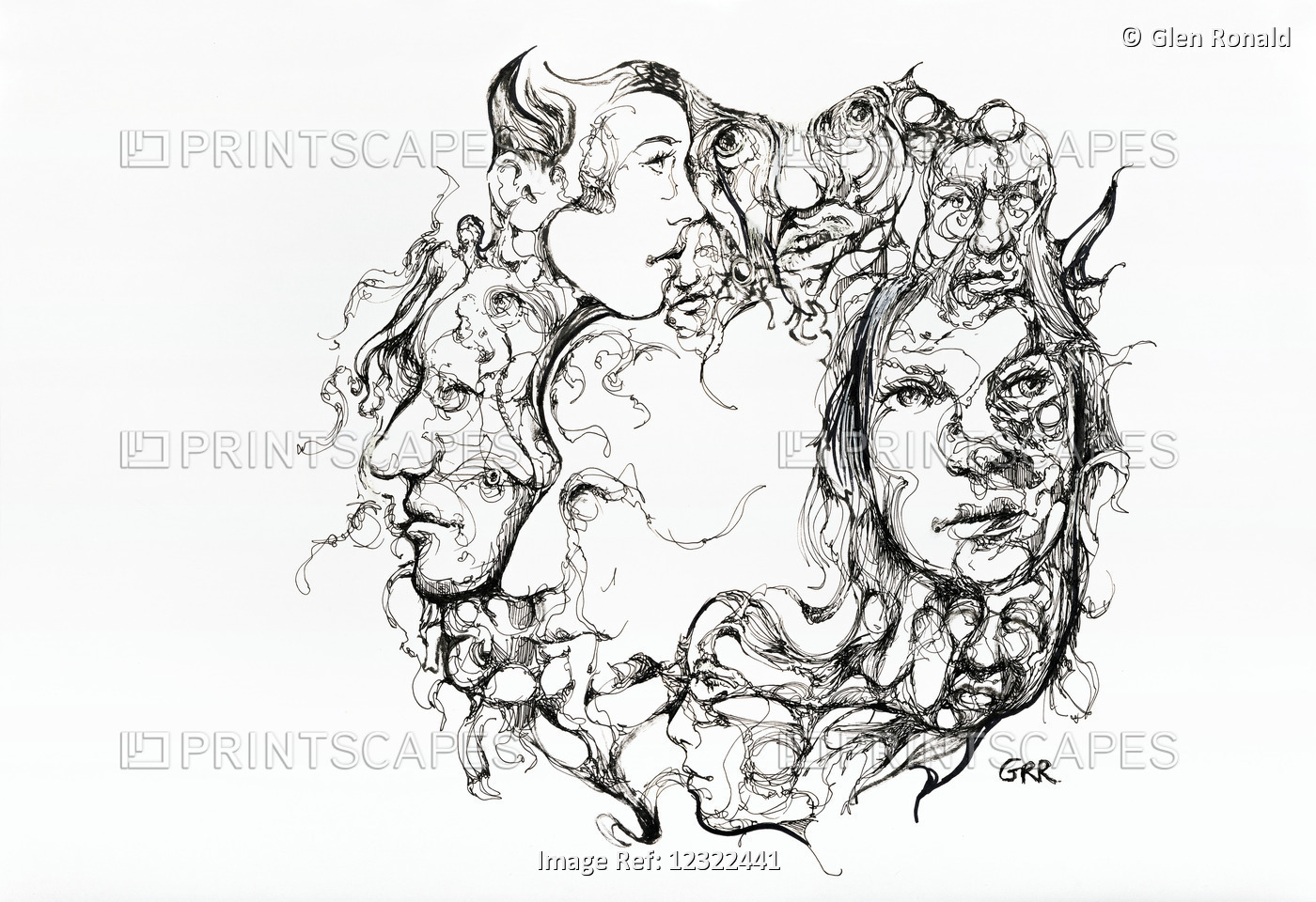 Connection Of Faces, Black and White Abstract Artwork